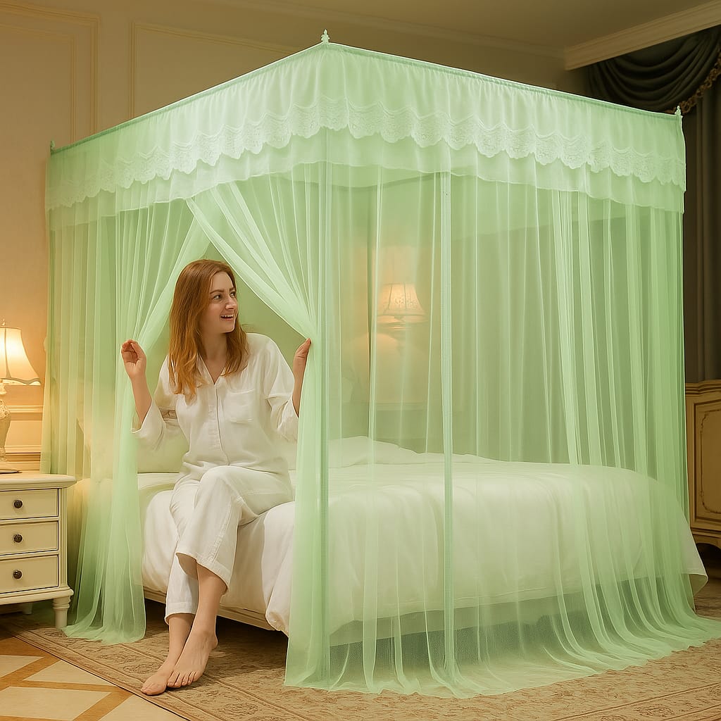 4 Corner Mosquito Net Bed | Embroidered Mosquito Net With Stand | Raja Jhul